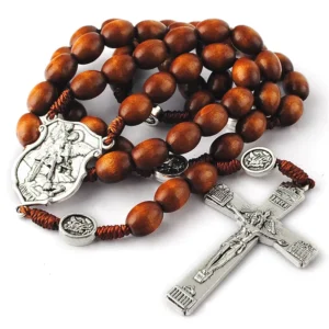 RENSINO Religious Necklace Dark Brown Wooden Beads Rosary for Men with Anti Silver Virgin Mary Medal