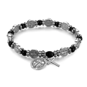 RENSINO Religious Silver Saint Benedict Medal Cross Pendant Prayer Bead Bracelet Unisex Bracelet