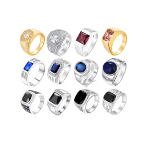 RENSINO Resin and Ashes Zircon Rectangular Nano Sapphire Mens Sterling Silver 925 Rings