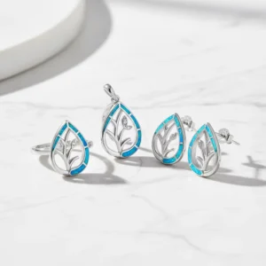 RENSINO Retro Chic Rhodium Plated Sterling Silver 925 Women’s Leaf Shape Opal Set Pendant Earrings Ring for Engagement Party Gift