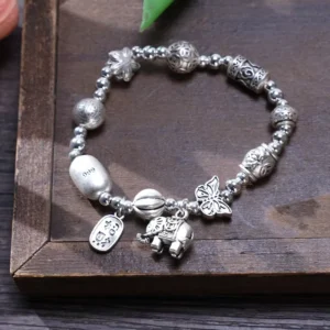 RENSINO Retro Ethnic Alloy Antique Silver Thai Silver Lucky Beads Peace Lock Fengshui Fortune Elephant Charm Bracelet for Women Men