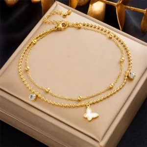 RENSINO Retro Fashion Beach Jewelry Ankle Non Tarnish 18k Pvd Gold Plated Double Layer Stainless Steel Butterfly Anklets For Women