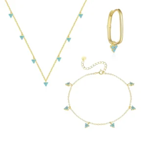 RENSINO Retro Fashion Fine Jewelry Sets 925 Sterling Silver Turquoise Triangle Charms Necklace Bracelets Hoop Earrings For Women