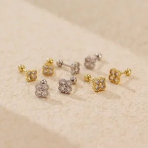 RENSINO Retro High End Stud Earrings S925 Silver Crystal Set Four Leaf Clover Screwed Studs Stackable Earrings Jewelry for Women