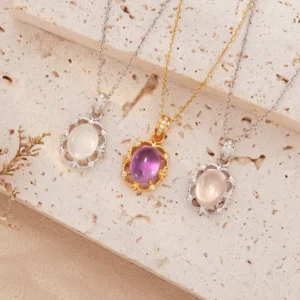 RENSINO Retro Luxury Natural Opal Amethyst Pink Crystal Pendant Necklace For Women S925 Plain Silver Colored Gemstone Pendant Necklace