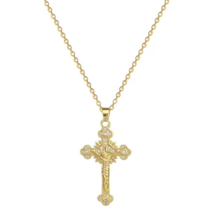 RENSINO Retro Religion Style Cross Necklace Zircon Unisex Stainless Steel Pendant Clavicle Necklace Christian Fashion Jewelry