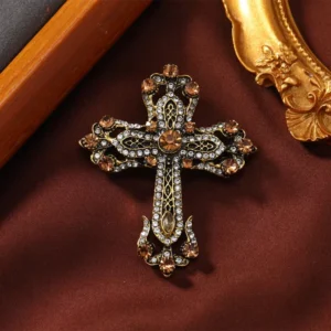 RENSINO Retro Rhinestone Cross Brooches Vintage Lapel Pin Fashion Luxury Men Women Brooch Pin Accessories Christian Crucifix Brooch Gift