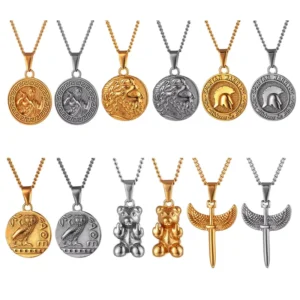 RENSINO Retro Spartan Warrior Men Necklace 18k Gold Jewelry Tarnish Free Greek Owl Pendant Stainless Steel Angel Wing Sword Necklace