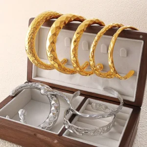 RENSINO Retro Stainless Steel 18K Gold Plated Open Bracelet Versatile Twisted Bangle for Women