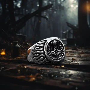 RENSINO Retro Thor’s Hammer Flame Ring Stainless Steel Cast Titanium Silver Plated for Engagement Party Gift Jewelry