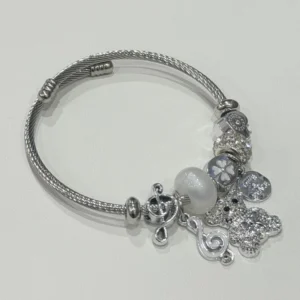 RENSINO Rhinestone Teddy Bear Music Note Charm Bangle White Murano Glass Bead Open Wire Cuff Bracelet