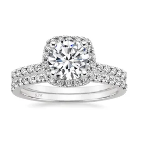RENSINO Rhodium 925 Sterling Silver Bridal Engagement Rings Set 1.5CT Cut Cubic Zirconia Halo CZ Wedding Women’s Fashion Jewelry