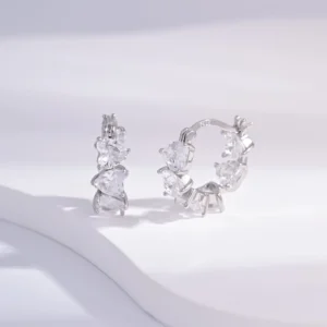 RENSINO Rhodium Plated 925 Sterling Silver Heart Cut Cubic Zirconia Huggie Earrings