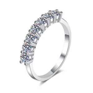 RENSINO Rhodium Plated Jewelry Women’s Engagement Gift Round Stacked VVS1 Moissanite Eternity Ring S925 Sterling Silver Wedding Band