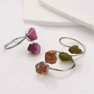 RENSINO Rhodium Plated Natural Ruby Emerald Peridot Crystal Rings Adjustable 925 Sterling Silver Birthstone Ring