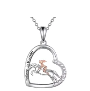 RENSINO Rhodium Plated S925 Sterling Silver Classic Heart-Shaped Horse Pendant Necklace Zircon Charm Women Engagement Wedding