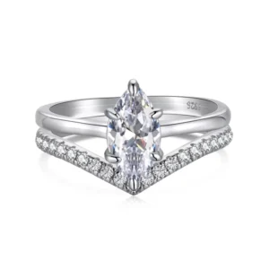 RENSINO Rhodium Plated Women’s Zircon Wedding Ring Set S925 Sterling Silver Stackable Trendy Geometric Fashion Jewelry