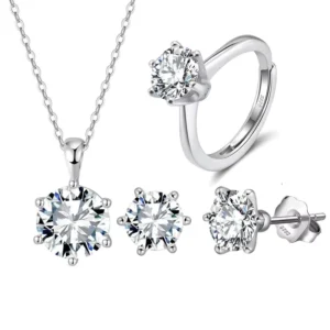 RENSINO Rinntin SMON04 R02 E03 Moissanite Rhodium Plated Sterling Silver Classic Married Wedding Jewelry Set Necklace Ring Earrings