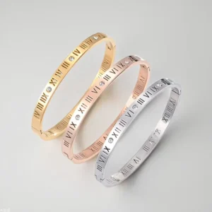 RENSINO Roman Number Diamond Cuff Bracelet Bangle Fine Stainless Steel 18k Gold Plated Waterproof Jewelry Bracelet Women’s Gifts