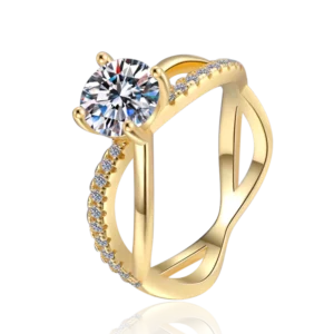 RENSINO Romantic Cross Twisted Gold Plated S925 Sterling Silver 1 Carat VVS1 Moissanite Engagement Ring for Women