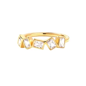 RENSINO Romantic Fashion Design Jewelry for Women 925 Silver 18k Gold Zircon Bezel Setting Baguette Cube with Crystal Stack Ring