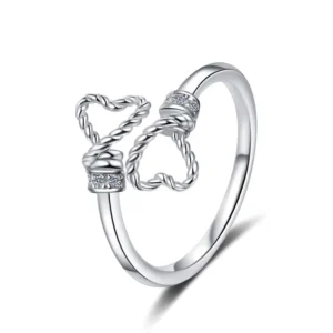 RENSINO Romantic Jewelry Double Heart Full Moissanite Diamond Adjustable Ring S925 Sterling Silver VVs1 Anniversary Rings of Women