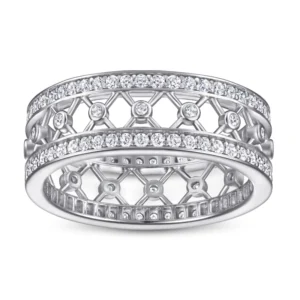 RENSINO Romantic Rhodium 925 Sterling Silver Double Row Zircon Inlaid Trendy Unique Design Wedding Ring for Women’s Party Gatherings