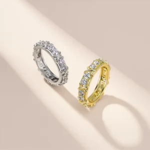 RENSINO Romantic X Design Moissanite Ring 925 Sterling Silver Full Eternity Wedding Band for Bridal Anniversary