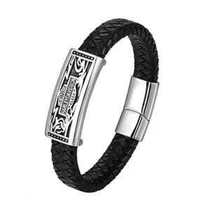 RENSINO Rope Leather Rectangle Letter Skull Shield Bracelet Bangle Stainless Steel Magnetic Clasp Buckle Bracelet Men