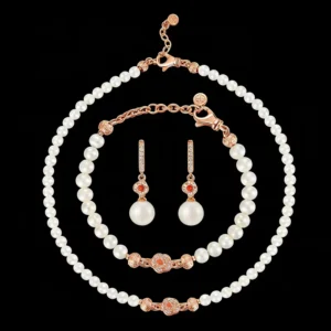 RENSINO Rose Gold Orange Crystal Necklace Earrings Bracelet 925 Sterling Silver Freshwater Pearl Runway Show Jewelry Set