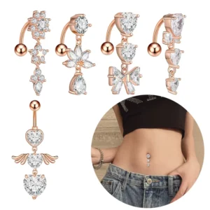 RENSINO Rose Gold Plated CZ Dangle Belly Button Ring Zircon Flower Pendant Surgical Steel Navel Piercing Jewelry for Women