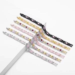 RENSINO Rose Gold Plated Chain Link BioMagnetic Bracelet Crystal Rhinestone Flower Clover Design Trendy Party Anniversary