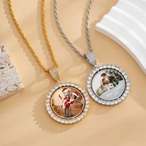 RENSINO Rotatable Double Side Custom Medallion Round Photo Frame Pendant Necklace Iced Out Memory Jewelry For Women Men