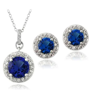 RENSINO Round Cut Blue Sapphire 925 Sterling Silver September Birthstone Fashion Jewelry Set