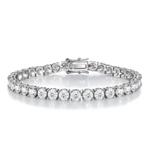RENSINO Round Cut Moissanite 925 Sterling Silver Tennis Bracelet for Wedding Party Banquet and Daily Elegant Wear Women Luxury Bracelet