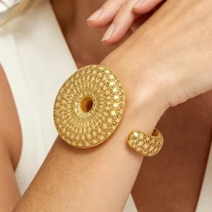 RENSINO Round D60 UFO Disc Cuff Bracelet Women Modern Sculptural Hollow Starburst Mesh Bangle Statement Jewelry