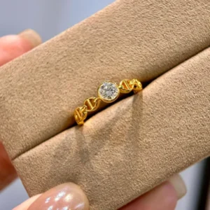 RENSINO Round Moissanite Bezel Set Mariner Chain Ring 925 Silver Gold Plated Anchor Link Dainty Statement Ring for Women Gift