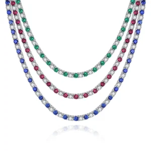 RENSINO Round Moissanite Ruby Sapphire Emerald Tennis Necklace In 925 Sterling Silver 18K White Gold Plated Luxury Unisex Chain Necklace