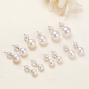 RENSINO Round Pearl 925 Sterling Silver Natural Freshwater White Pearl Stud Earrings