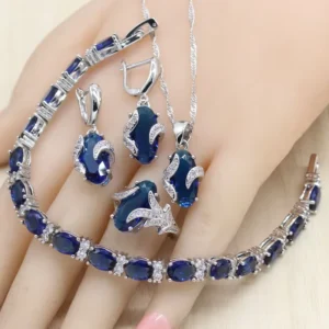 RENSINO Royal Blue Semi Precious Silver Color Jewelry Set for Women Includes Bracelet Earrings Ring Classic for Wedding Engagement