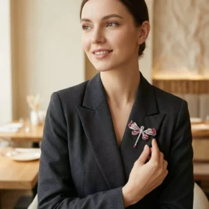 RENSINO Ruby Inlaid Wings Pink Central Gem 925 Silver Dragonfly Brooch with Polished Silver Finish