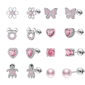 RENSINO Rui Qian 1PCS Cute pink Earrings Stainless Steel Piercing Jewelry Women’s Body Accessory Stud Earrings Zircon Heart Earrings