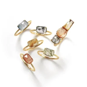 RENSINO Rutilated Quart Gemstone Jewelry 925 Sterling Silver Gold Plated Rainbow Ring