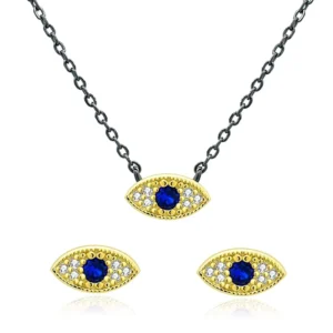 RENSINO S925 Blue Eye Stone Pendant Earring Jewelry Silver Sets Beautiful Jewelry Set