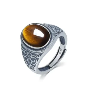 RENSINO S925 Men’s Ring New Retro Classic Oval Cut Red Zircon Handmade with Pure Argentum Gemstone Finish for Parties