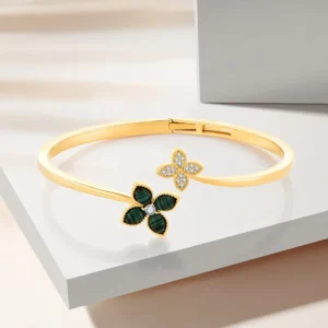 RENSINO S925 Pure Silver 18K Gold Plated Zircon Four Leaf Clover Unisex Luxury High End Fashion Jewelry Open Cuff
