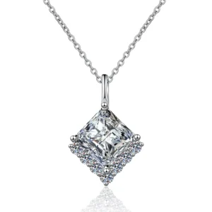 RENSINO S925 Pure Silver Princess Square Candy Shaped Moissanite Pendant Necklace