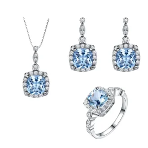 RENSINO S925 Pure Silver Zircon Jewelry Set Customized Blue Zircon Earrings Necklace Ring Set for Party Wedding Engagement or Gift