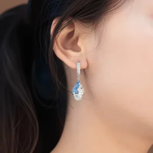RENSINO S925 Pure Women’s Fashion Earrings Body Piercing Jewelry Silver Ice Cream Blue Design Earrings with Zircon