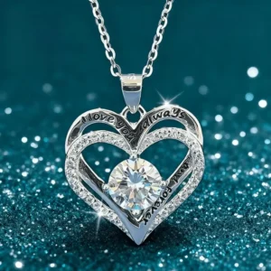 RENSINO S925 Silver 1 Carat Double Love Pendant Necklace Unique Fashionable Moissanite Perfect Holiday Gift For Girlfriend Wife Mother